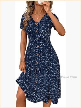 Plus Size Boho Beach Wedding Guest Short Sleeve Button Flowy Midi Sun Dress